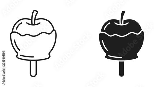 Foto Candy Apple Iconography: A simplified graphic illustration of a candy apple on a stick, presented in both outline and solid black, representing a sweet confection