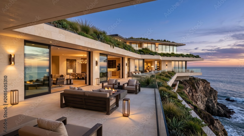 Fototapeta premium Modern cliffside residence with ocean terrace at twilight