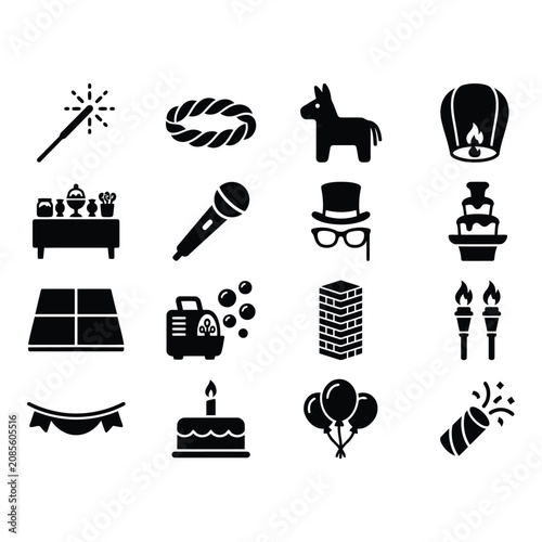 Set of 16 Minimalist Black Vector Icons for Business and Celebration isolated on white background
