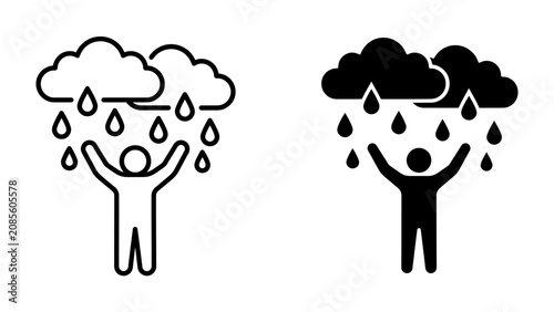 Quadro em tela Rainy Day Blues: A stylized illustration depicts a person standing with arms raised under a dark, rain-filled cloud, symbolizing a challenging or melancholic mood
