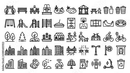 Foto Smart city infrastructure and urban park recreation line icon mega set featuring