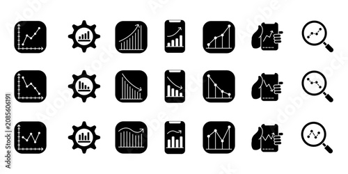Fotografie Solid black business chart icon set with upward, downward, and fluctuating trends