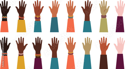 Tableau sur toile Diverse Raised Hands Vector Icon Set Representing Multicultural Unity Community