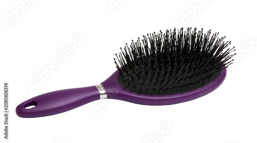 Purple oval hair brush with black bristles and handle hole