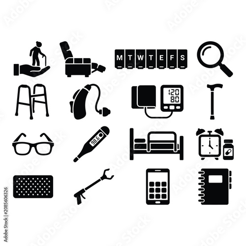 Set of Fourteen Black Health and Daily Life Vector Icons on White Background isolated on white background