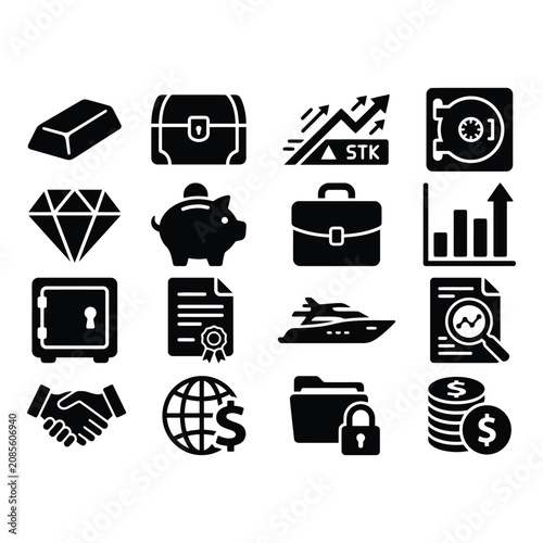 Set of 16 Black Business and Finance Vector Icons for Commercial Use isolated on white background