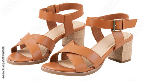 Fotografija Brown leather criss-cross strap block heel sandals