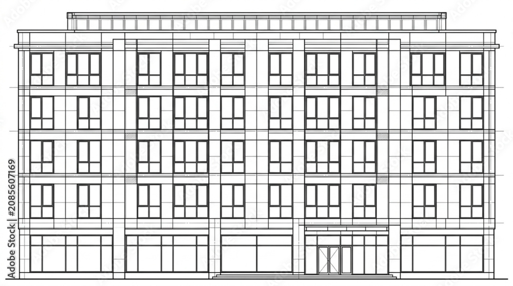 Fototapeta premium Classical Commercial Building Elevation Drawing – Multi-Story Facade Architectural Blueprint 