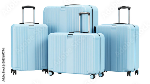 Foto Set of four light blue ribbed suitcases with wheels and telescopic handles
