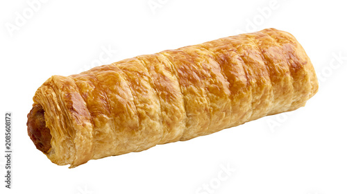 Golden brown sausage roll in flaky puff pastry