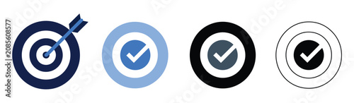 Goal icon collection, multi style achievement symbols, target success graphics, objective planning elements, mission accomplishment signs, business strategy icons, productivity and motivation, modern 