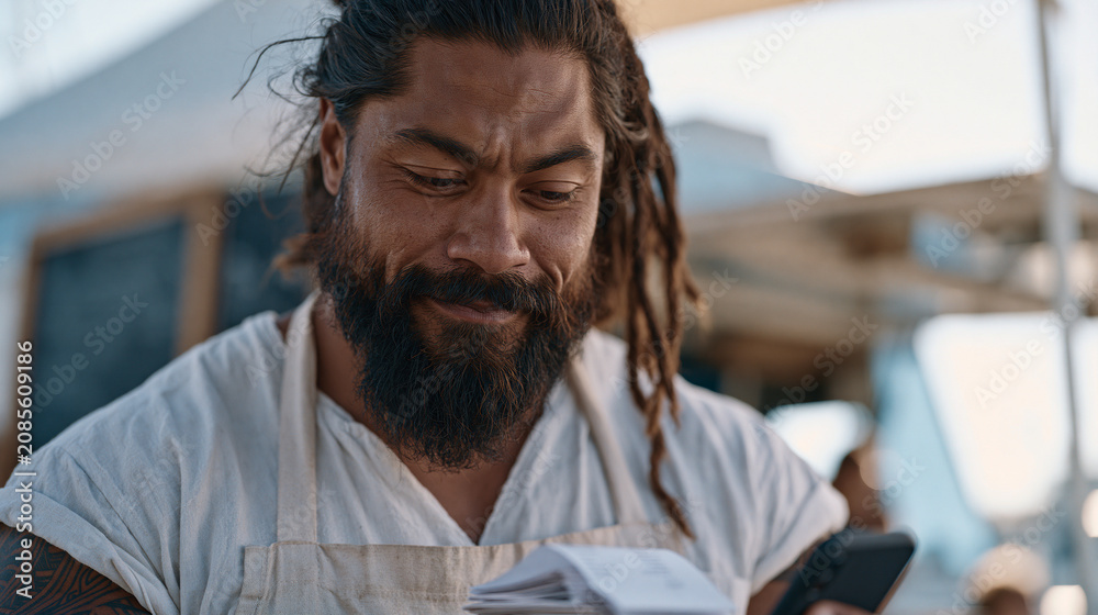 Fototapeta premium Receipt scanning feature in active use by a Pacific Islander food truck owner at a busy harbor-side lunch rush, smartphone camera hovering over a stack of receipts, representing