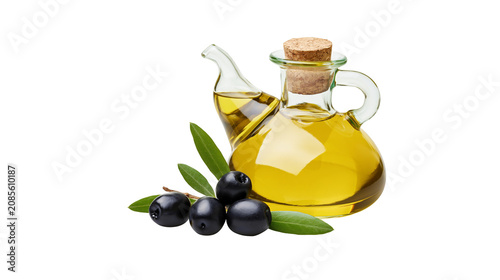 Fotografia Glass cruet with olive oil and black olives with leaves