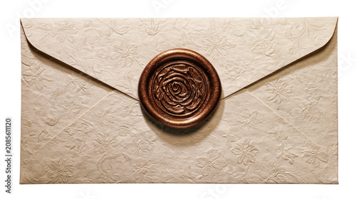 Textured envelope with embossed floral pattern sealed with rose wax stamp
