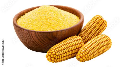 Canvastavla Wooden bowl of cornmeal with whole corn cobs