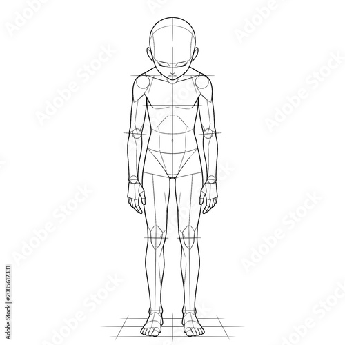 Hand drawn sketch of preteen looking down base isolated.