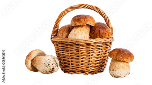 Cuadro en lienzo Porcini mushrooms in woven basket with loose mushrooms