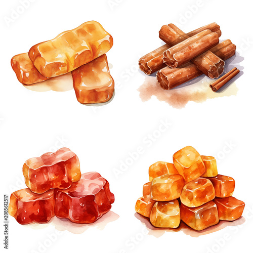 Hand Drawn Watercolor Collection of Golden Caramels and Spicy Cinnamon Sticks for Gourmet Culinary Designs