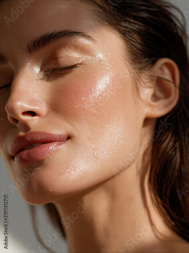 Woman enjoying morning skincare routine with glistening skin