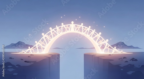 Dreamy fantasy landscape featuring an arched bridge made of glowing human figures connecting cliffs over blue water and mountains.