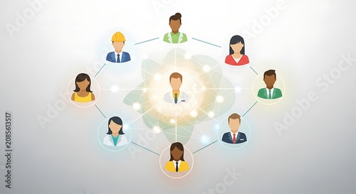 Diverse cartoon professional avatars connected by glowing lines and dots in a network around a central figure, representing social collaboration.