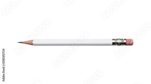 Photos White wooden pencil with pink eraser and sharpened graphite tip