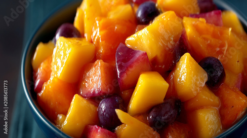 Bowl of fresh fruit salad with diced peaches plums and blueberries close up, blueberries