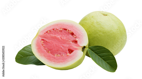 Foto Pink Guava Half and Whole Fruit with Green Leaves