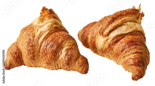 Photos Two golden brown flaky croissants with layered pastry