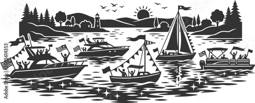 Canvas Print Group of recreational boats sailing on lake during festive event