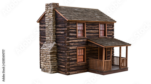 Konstfotografi Rustic log cabin with stone chimney and wooden porch