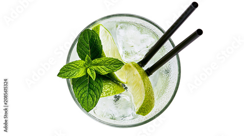Obraz na płótnie Refreshing cocktail with mint and lime slices in ice