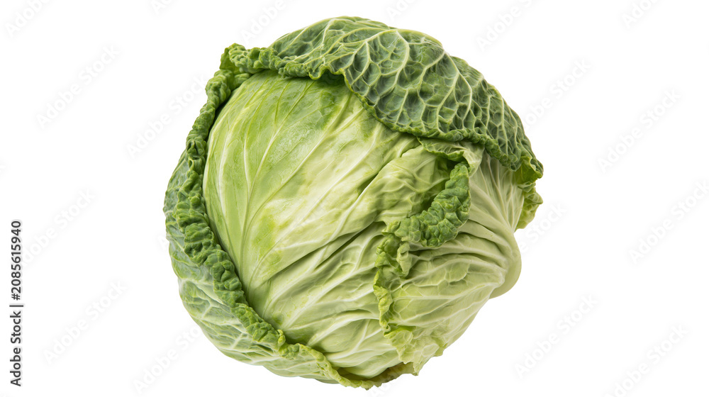 Fototapeta premium Fresh green cabbage head with ruffled outer leaves