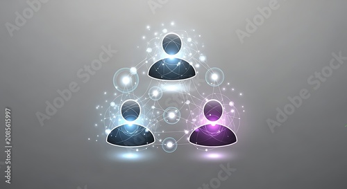 Abstract blue and purple human icons linked by glowing lines and dots, forming a futuristic digital tech network on a light gradient background.