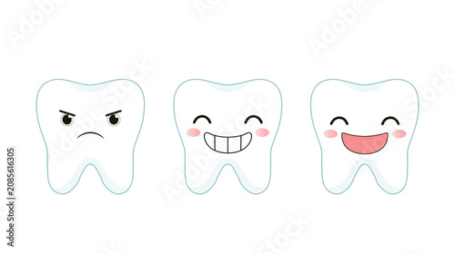 Photos Three cartoon teeth with different facial expressions