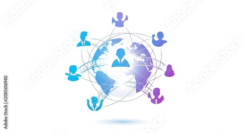Earth surrounded by blue and purple silhouettes linked by glowing curves, symbolizing global networking, worldwide connection, and digital collaboration.