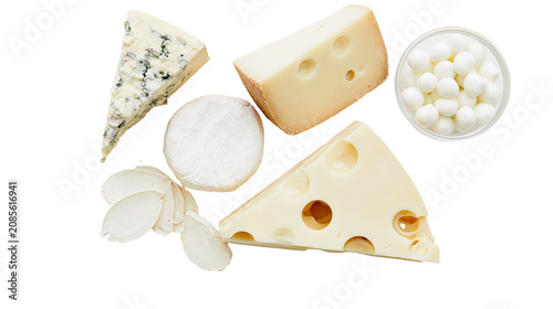 Fotografie Assortment of cheeses including blue cheese Swiss cheese goat cheese, and mozzar