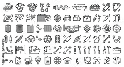 Bild auf Leinwand Car engine parts and mechanic tools line icon set featuring pistons crankshaft b