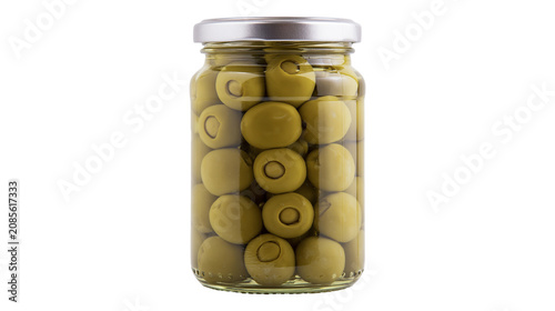 Foto Jar of green olives with brine