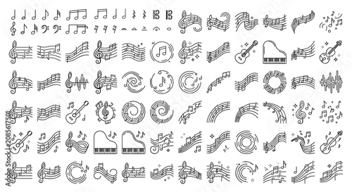 Obraz na plátně Musical notes and instruments line icon set featuring acoustic guitar grand pian