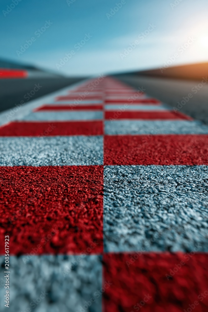 Fototapeta premium Low angle racetrack checkerboard curb with red and white squares leading into horizon for racing wallpaper and banner use, shallow depth of field and dramatic perspective