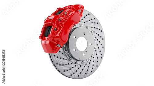 Red performance brake caliper and vented rotor