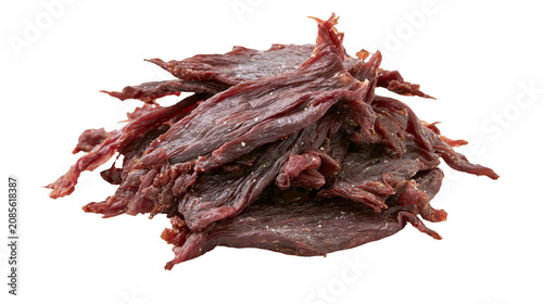 Foto Pile of dried beef jerky strips with salt crystals