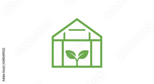 A simple green line art icon of a small glass greenhouse with a plant