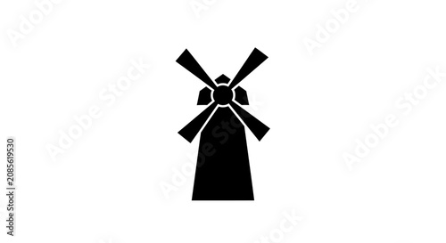 A simple black silhouette of a traditional farm windmill on a white background