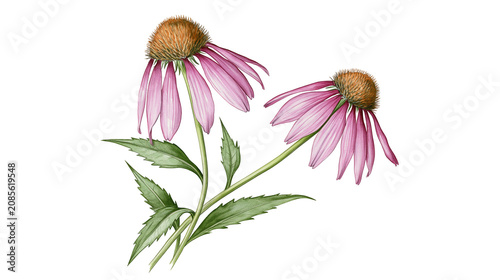 Two pink coneflower blossoms with green leaves