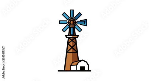 A simple vector illustration of a rustic farm windmill standing in a field