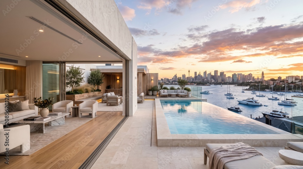 Fototapeta premium Waterfront apartment terrace with infinity pool overlooking city harbor
