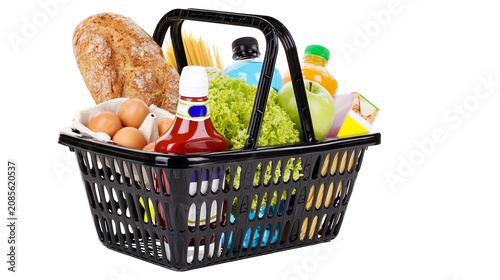 Bild auf Leinwand Black shopping basket filled with groceries bread eggs ketchup lettuce apple pas