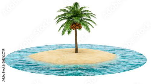 Bild auf Leinwand Palm tree with coconuts on small sandy island surrounded by turquoise ocean wave